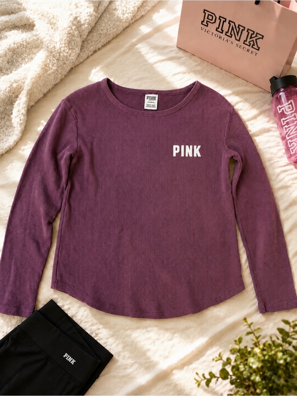 PINK Victoria's Secret Long-Sleeve Ribbed Crewneck Top in Deep Plum